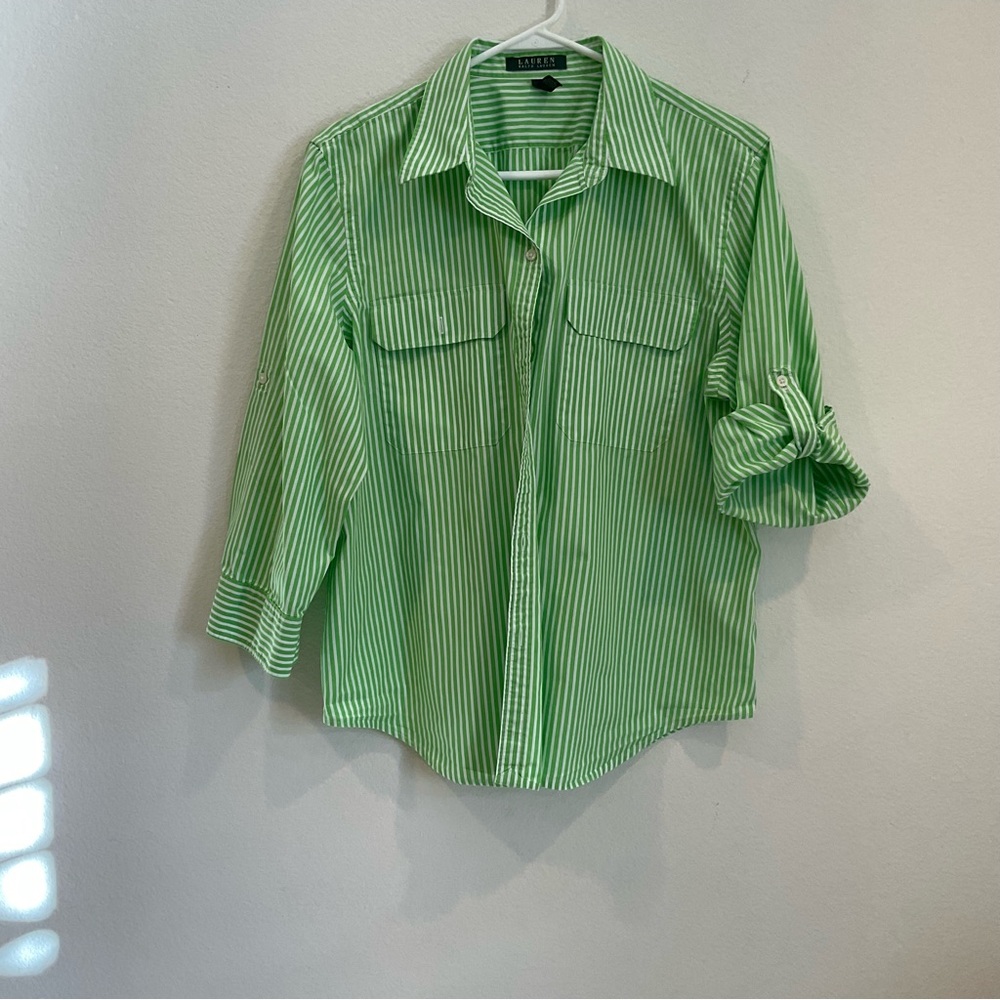 Ralph Lauren, green, and white striped blouse
